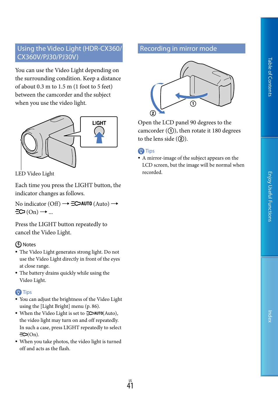 Recording in mirror mode | Sony HDR-XR160 User Manual | Page 41 / 129