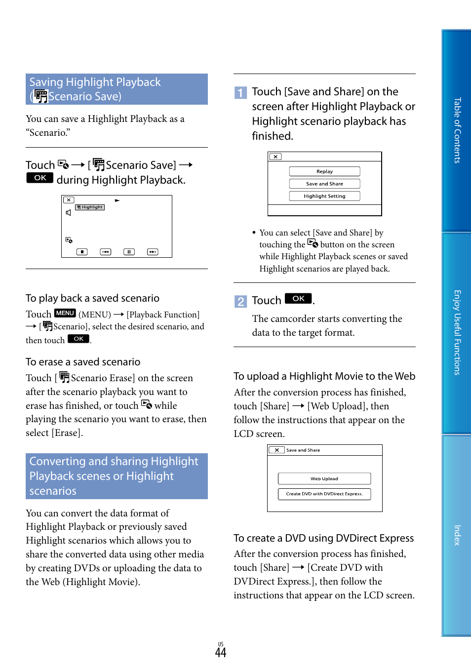 Saving highlight playback (scenario save), Saving highlight playback, Scenario save) | Converting and sharing highlight playback scenes, Or highlight scenarios | Sony HDR-XR160 User Manual | Page 44 / 129