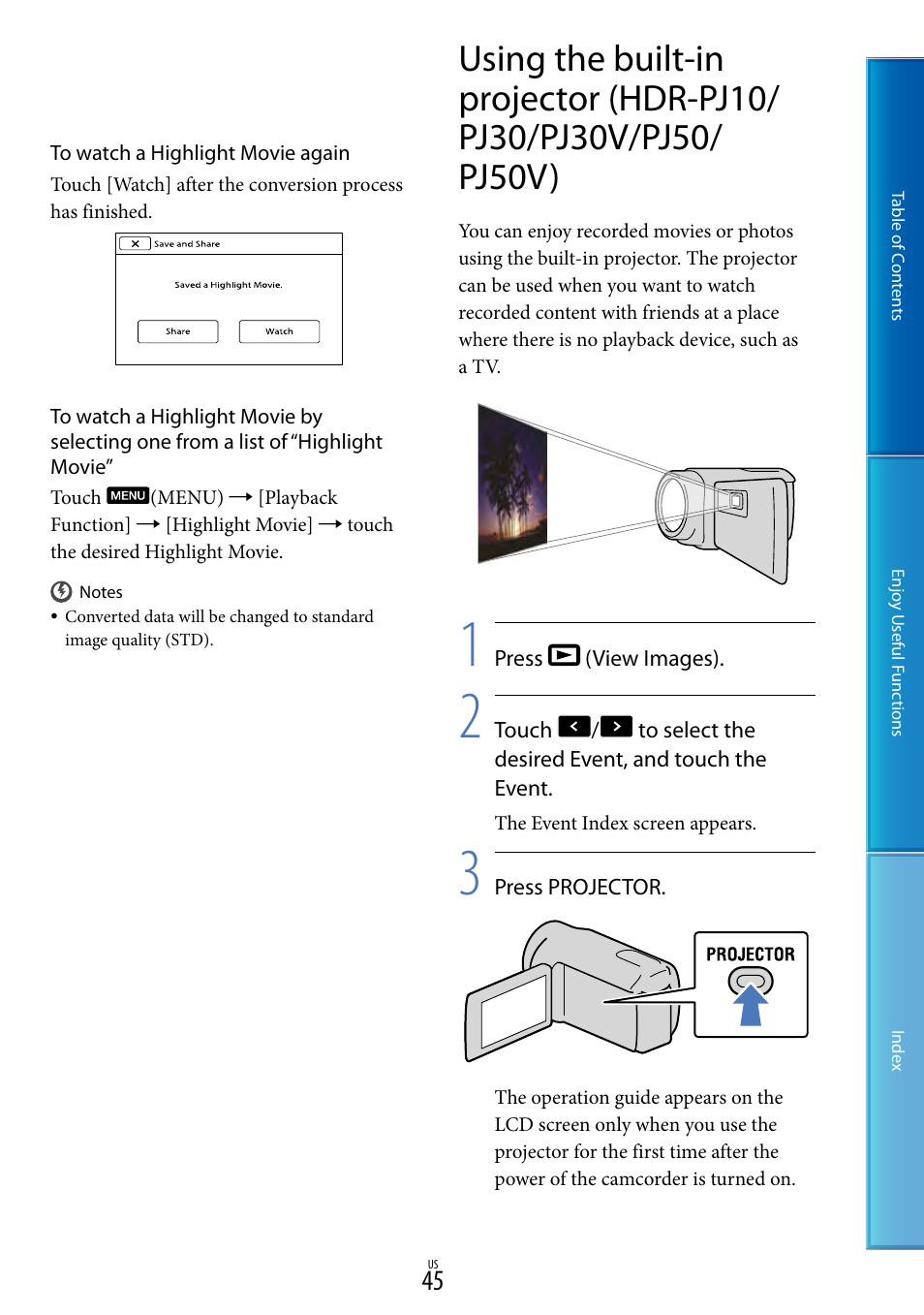 Pj10/pj30/pj30v/pj50/pj50v (45) | Sony HDR-XR160 User Manual | Page 45 / 129