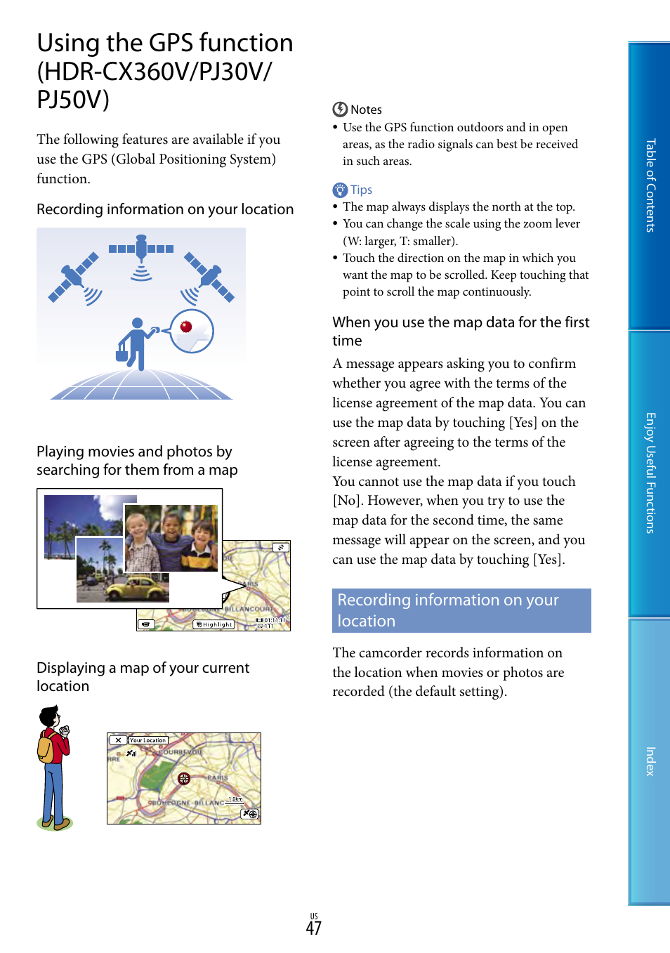 Using the gps function (hdr-cx360v/pj30v/pj50v), Recording information on your location, Cx360v/pj30v/pj50v (47) | Sony HDR-XR160 User Manual | Page 47 / 129