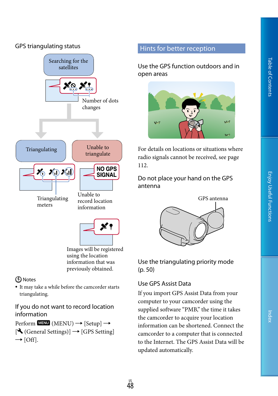 Hints for better reception | Sony HDR-XR160 User Manual | Page 48 / 129
