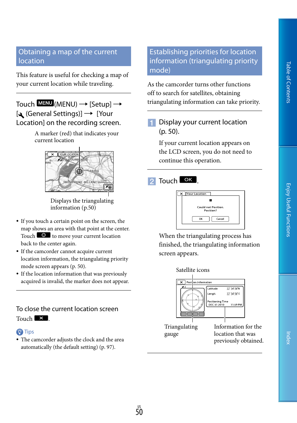 Obtaining a map of the current location, Triangulating priority mode) | Sony HDR-XR160 User Manual | Page 50 / 129