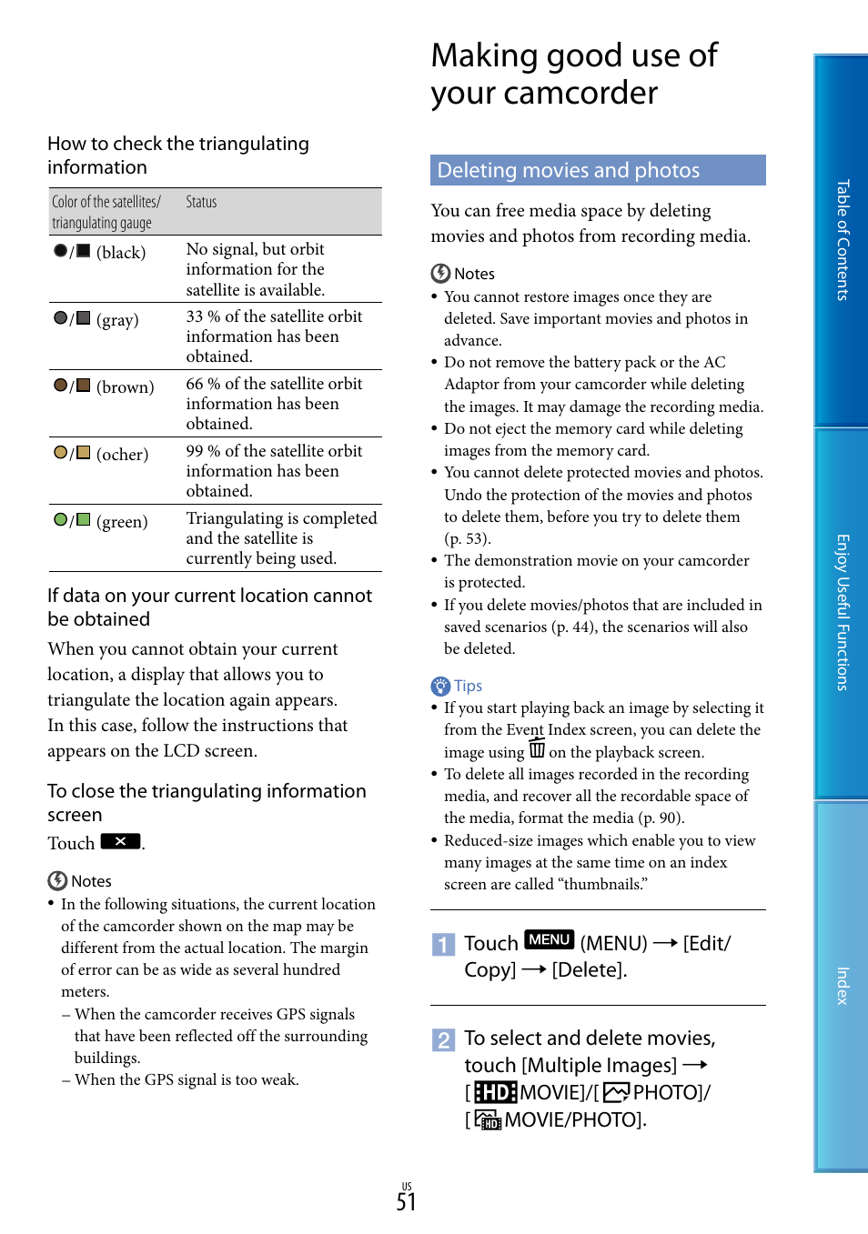 Making good use of your camcorder, Deleting movies and photos, G (51)) | Sony HDR-XR160 User Manual | Page 51 / 129