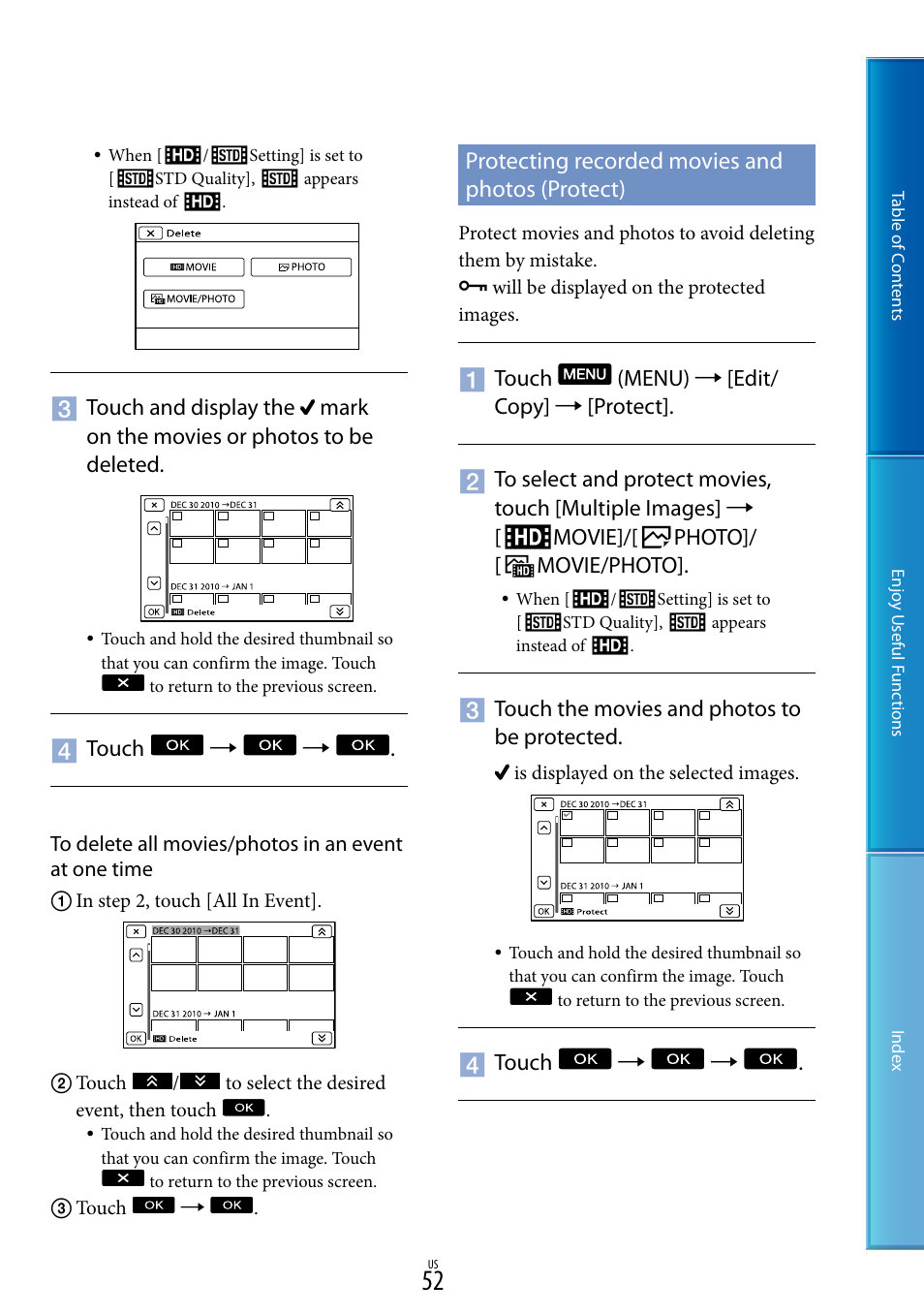 Protecting recorded movies and photos (protect) | Sony HDR-XR160 User Manual | Page 52 / 129