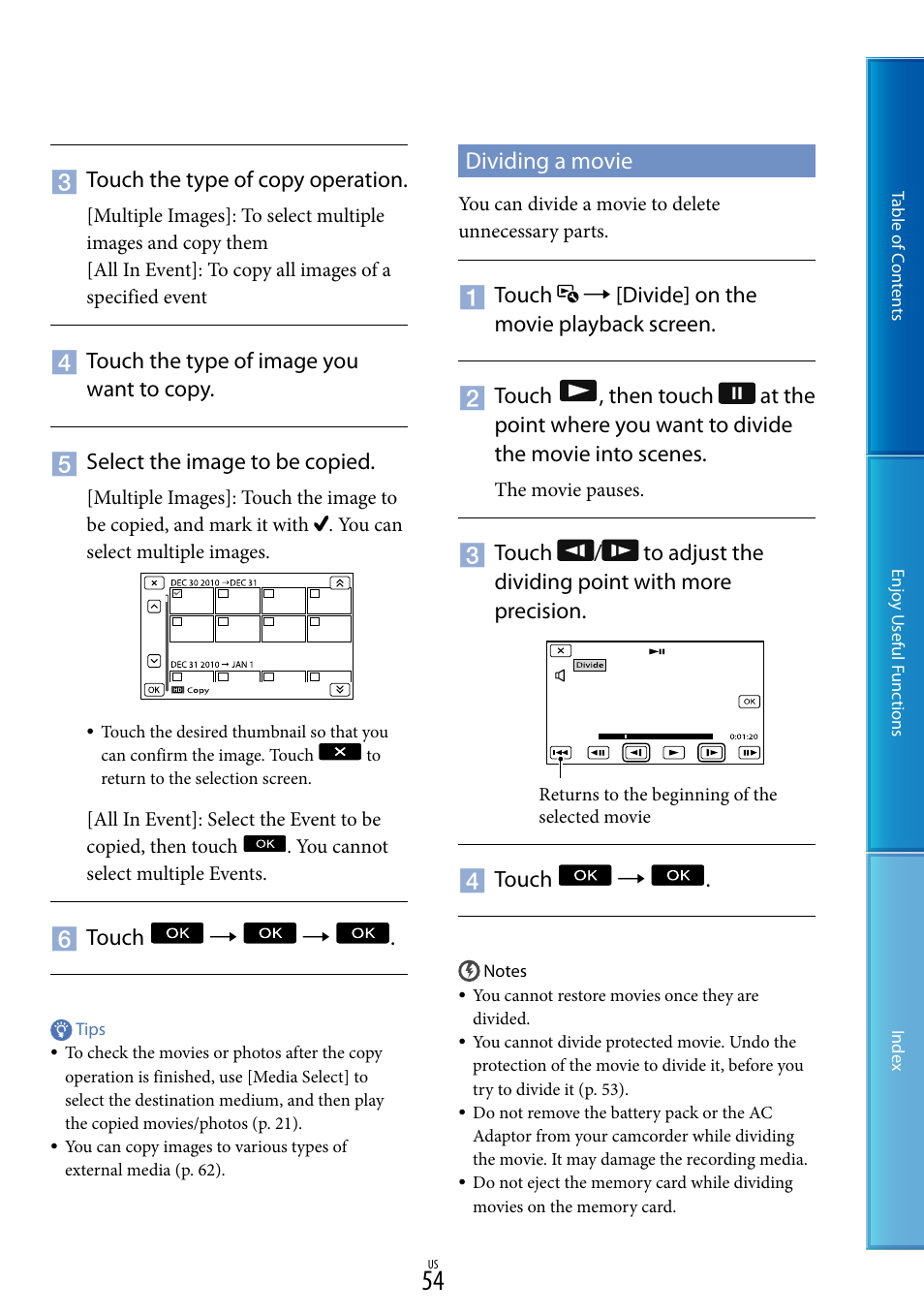 Dividing a movie, G (54) | Sony HDR-XR160 User Manual | Page 54 / 129