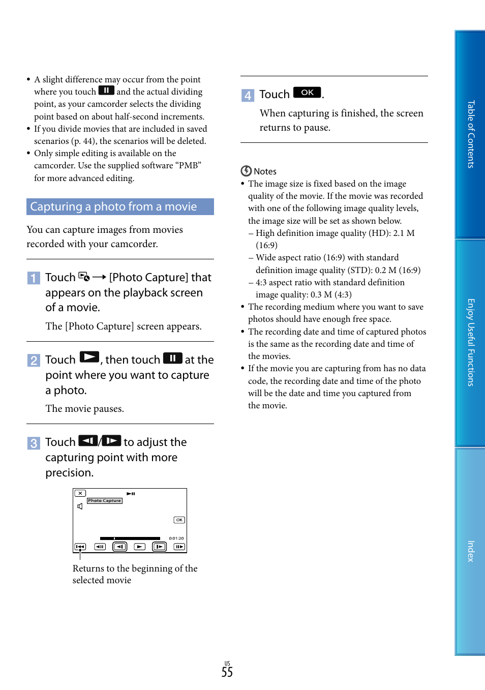 Capturing a photo from a movie, Ie (55), Touch | Sony HDR-XR160 User Manual | Page 55 / 129