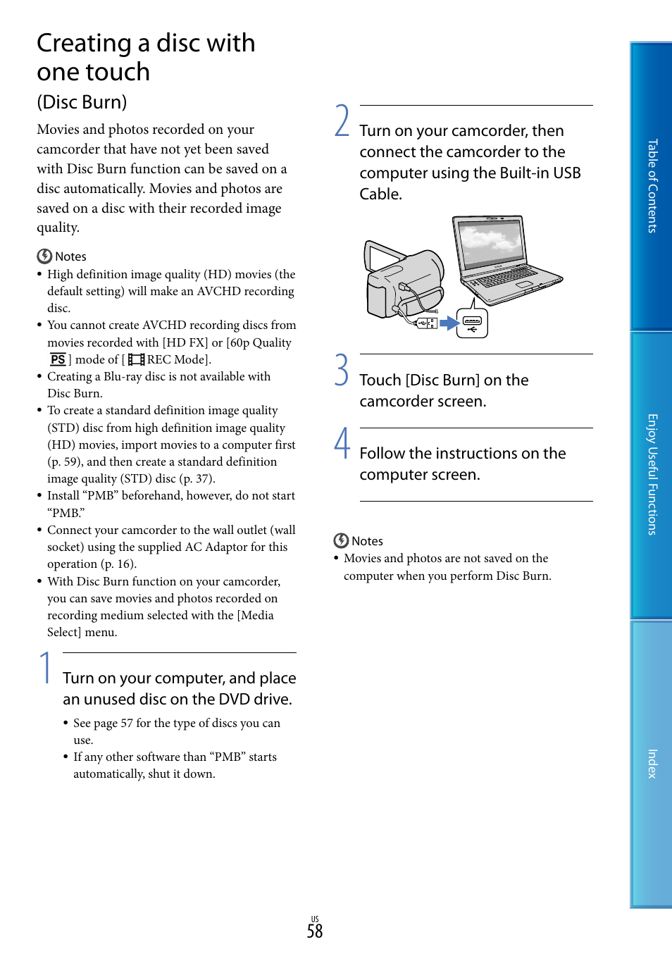 Creating a disc with one touch (disc burn), Creating a disc with one touch, Disc burn) | Sony HDR-XR160 User Manual | Page 58 / 129