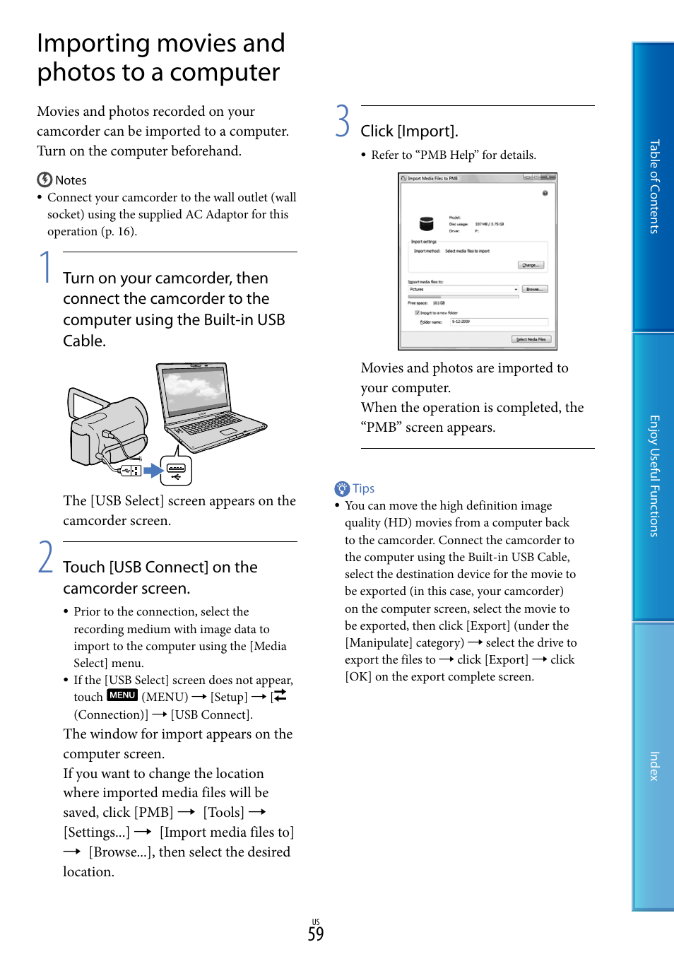 Importing movies and photos to a computer, 59), a | Sony HDR-XR160 User Manual | Page 59 / 129