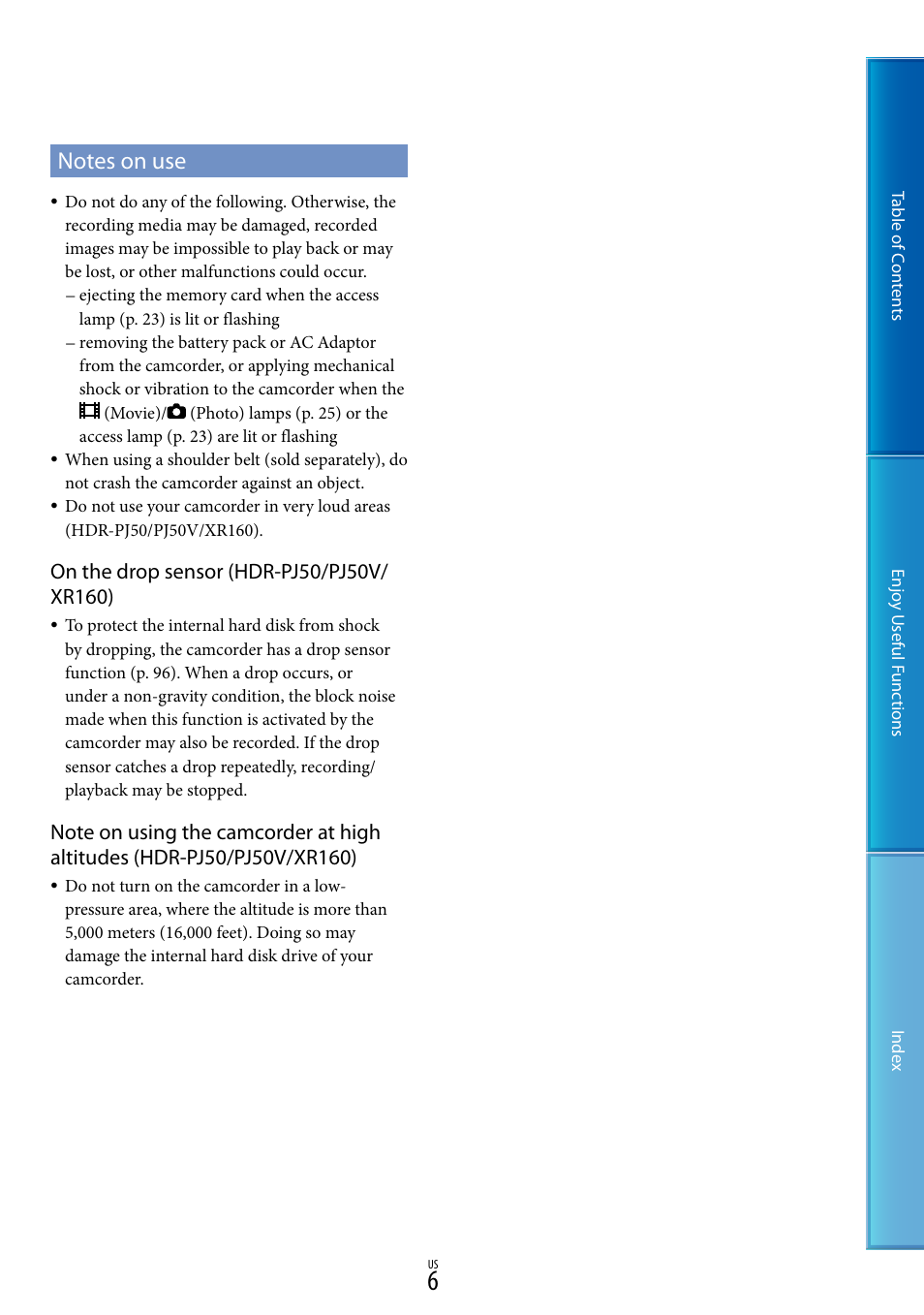 Notes on use | Sony HDR-XR160 User Manual | Page 6 / 129