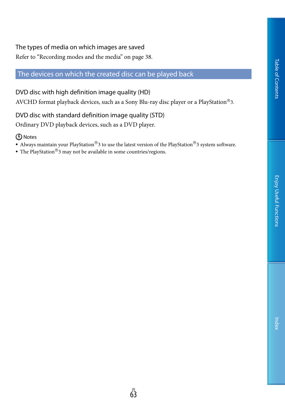 The types of media on which images are saved, Dvd disc with high definition image quality (hd) | Sony HDR-XR160 User Manual | Page 63 / 129