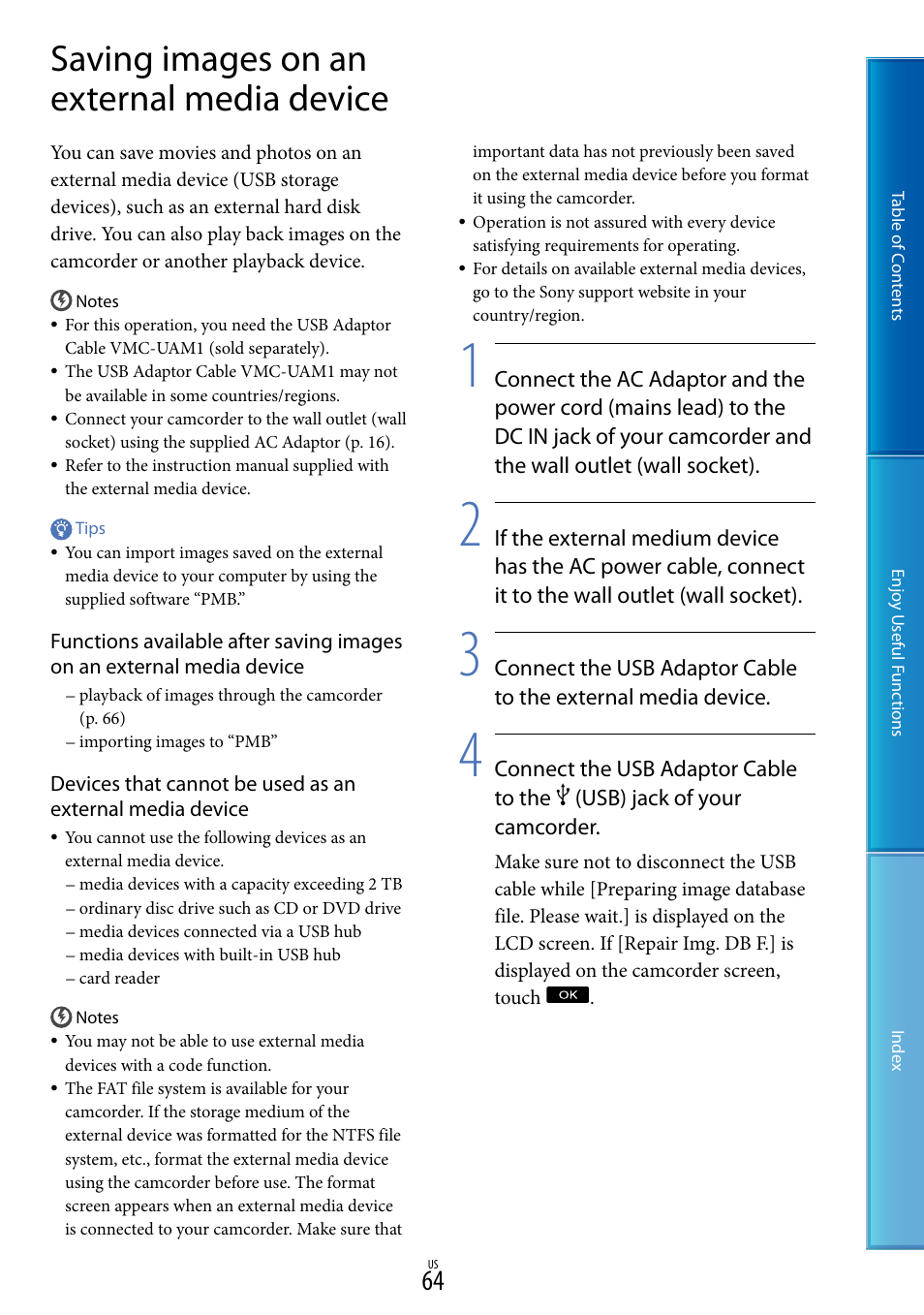 Saving images on an external media device, 64). m | Sony HDR-XR160 User Manual | Page 64 / 129