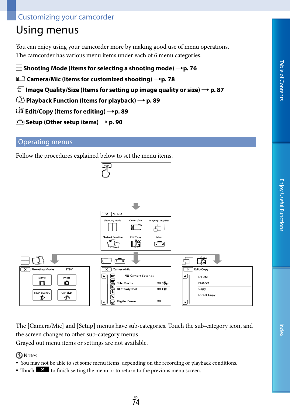 Customizing your camcorder, Using menus, Operating menus | Sony HDR-XR160 User Manual | Page 74 / 129