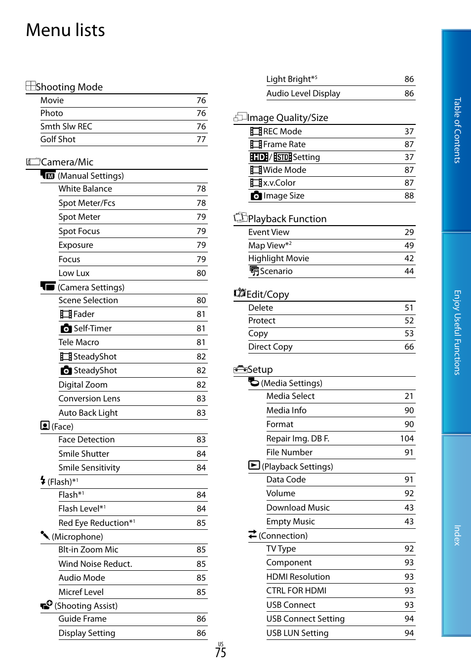 Menu lists | Sony HDR-XR160 User Manual | Page 75 / 129