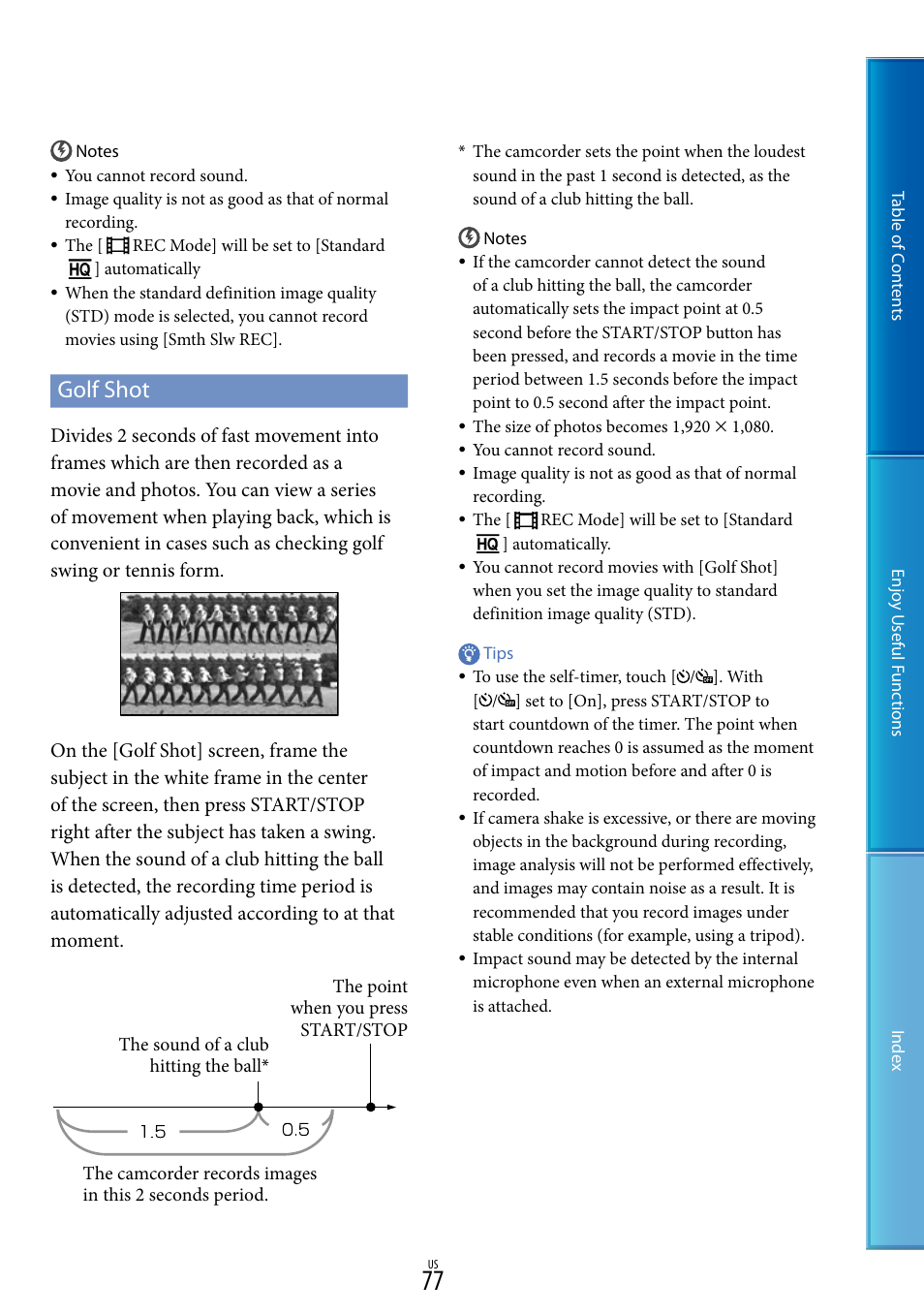 T (77), Golf shot | Sony HDR-XR160 User Manual | Page 77 / 129