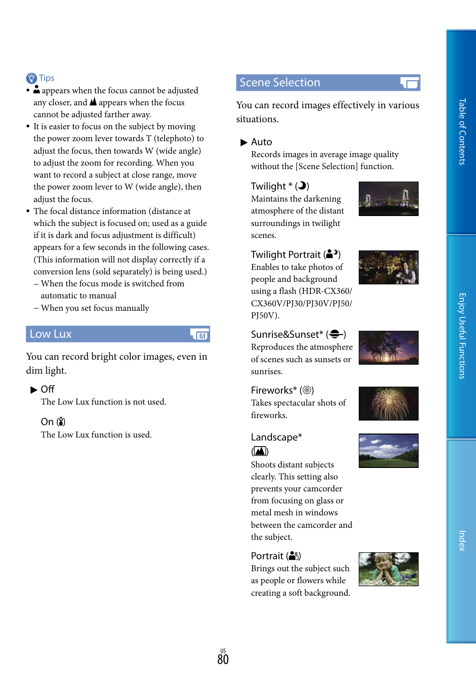 Ux (80), Ks (80), Et (80) | Low lux, Scene selection | Sony HDR-XR160 User Manual | Page 80 / 129