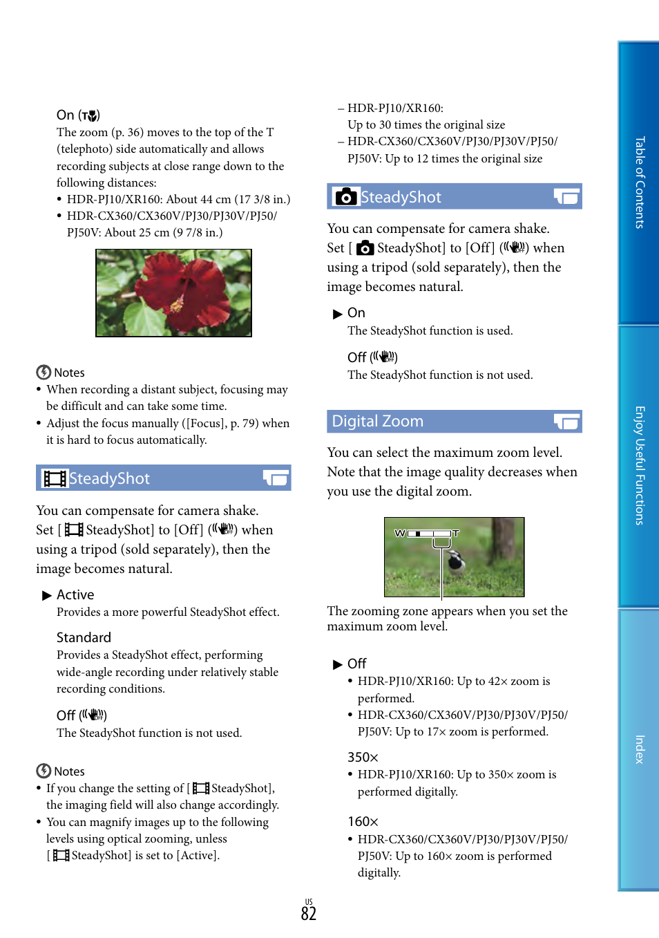 Steadyshot, Digital zoom | Sony HDR-XR160 User Manual | Page 82 / 129