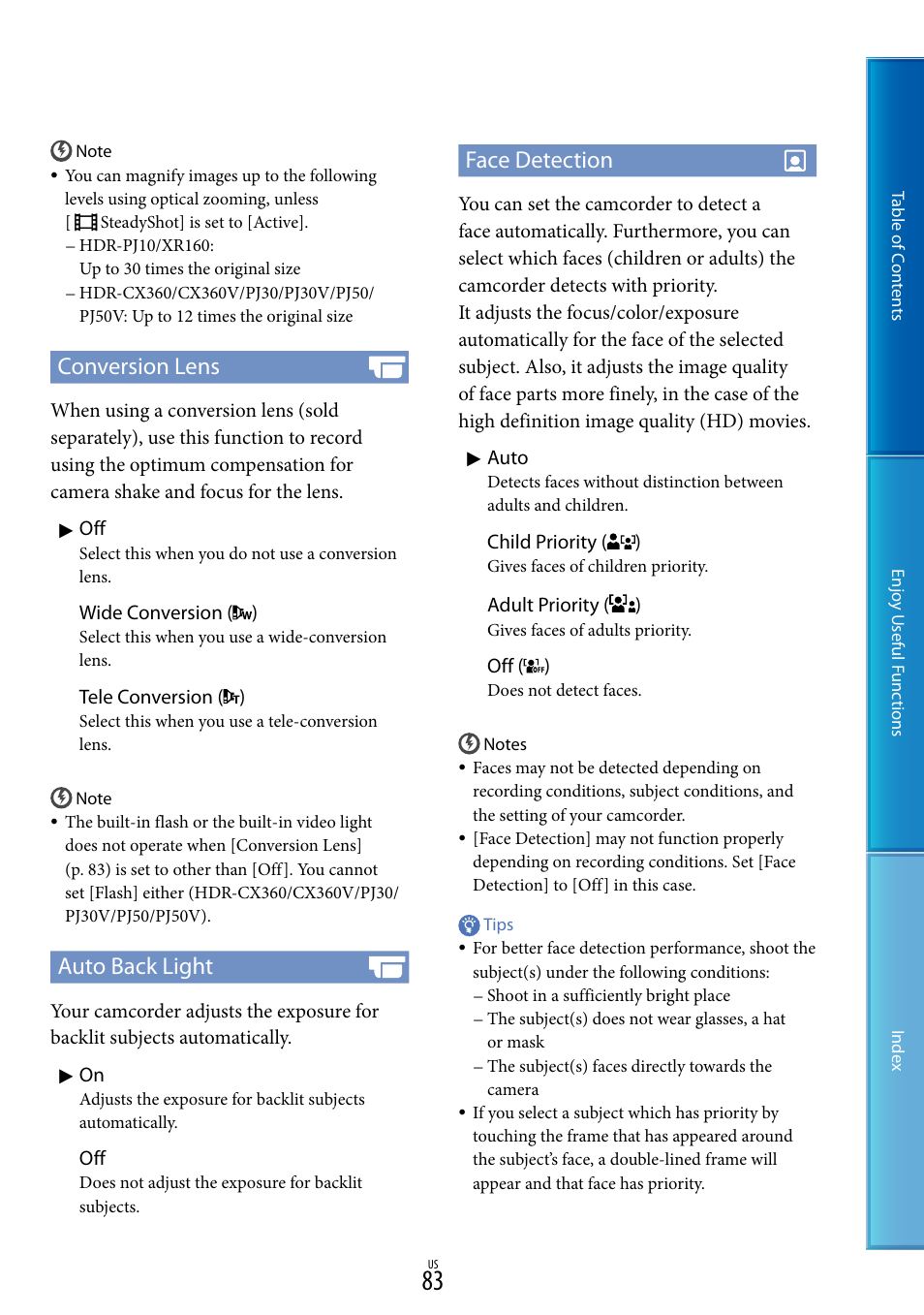 83) h, 83). w, Conversion lens | Auto back light, Face detection | Sony HDR-XR160 User Manual | Page 83 / 129