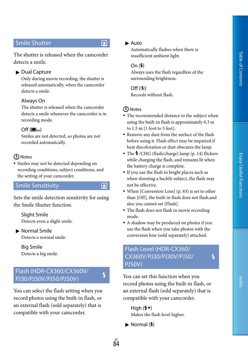 E 84). a, Smile shutter, Smile sensitivity | Sony HDR-XR160 User Manual | Page 84 / 129