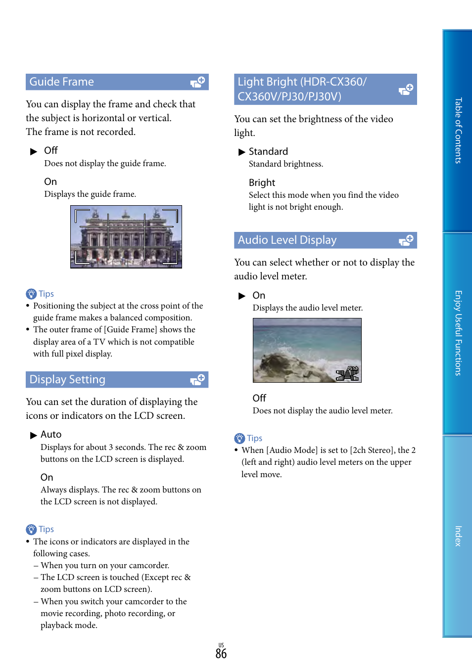 86), a, Guide frame, Display setting | Audio level display | Sony HDR-XR160 User Manual | Page 86 / 129