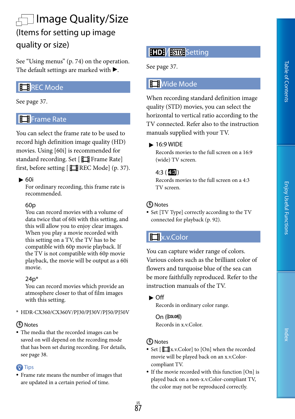 Image quality/size, Items for setting up image quality or size), Rec mode | Frame rate, Setting, Wide mode, X.v.color | Sony HDR-XR160 User Manual | Page 87 / 129