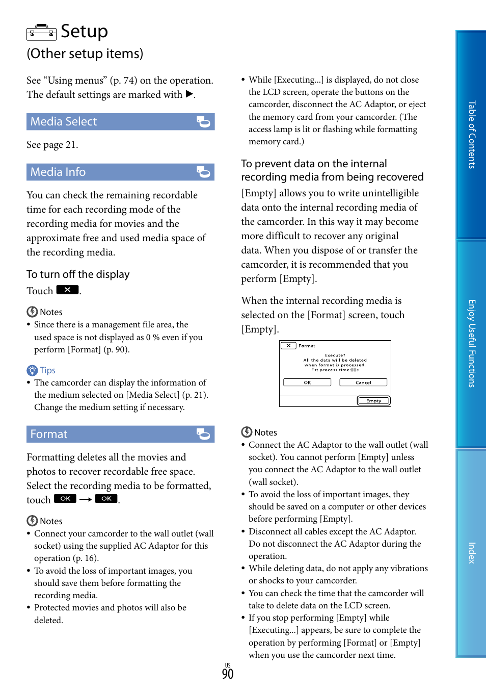 Setup (other setup items), 90). f, Setup | Other setup items), Media select, Media info, Format | Sony HDR-XR160 User Manual | Page 90 / 129