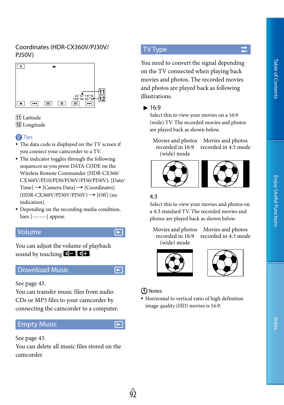 Volume, Download music, Empty music | Tv type | Sony HDR-XR160 User Manual | Page 92 / 129