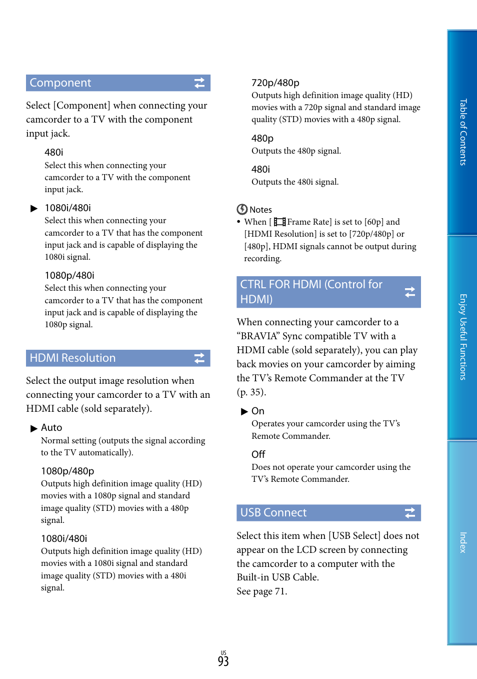 Component, Hdmi resolution, Ctrl for hdmi (control for hdmi) | Usb connect | Sony HDR-XR160 User Manual | Page 93 / 129