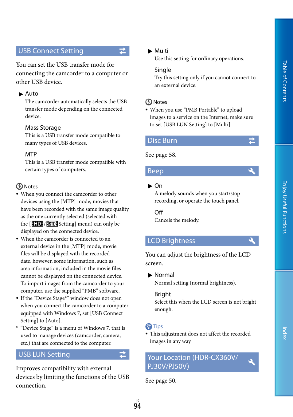 Usb connect setting, Usb lun setting, Disc burn | Beep, Lcd brightness | Sony HDR-XR160 User Manual | Page 94 / 129