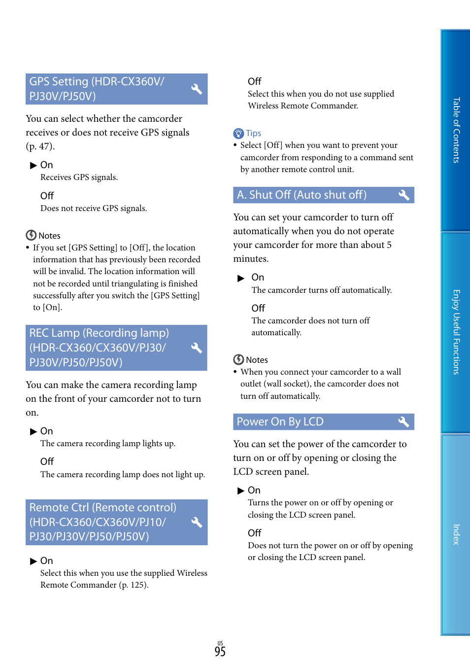 A. shut off (auto shut off), Power on by lcd | Sony HDR-XR160 User Manual | Page 95 / 129