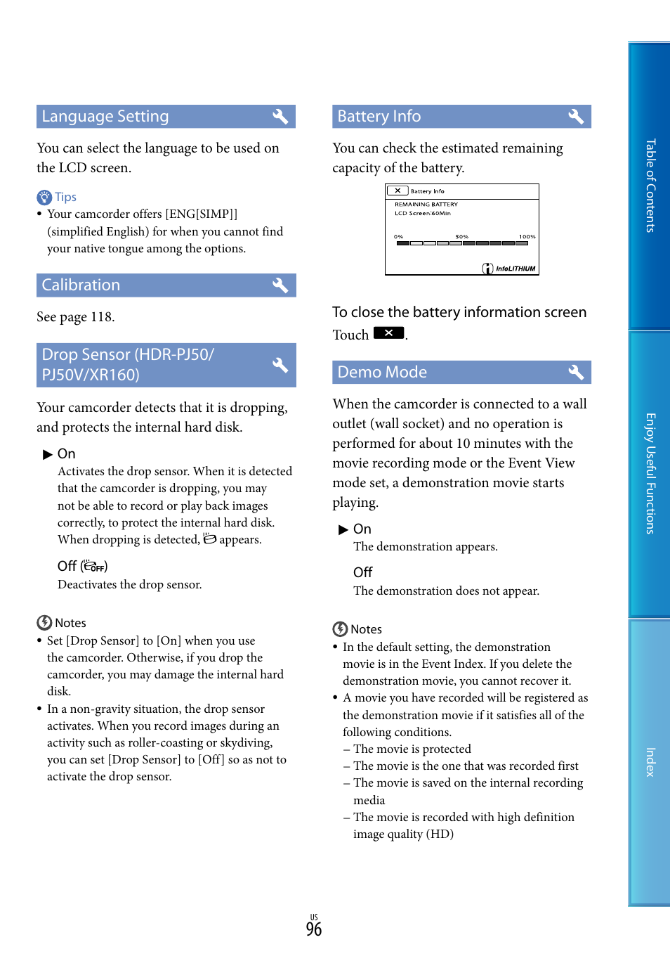 96). w, Language setting, Calibration | Battery info, Demo mode | Sony HDR-XR160 User Manual | Page 96 / 129