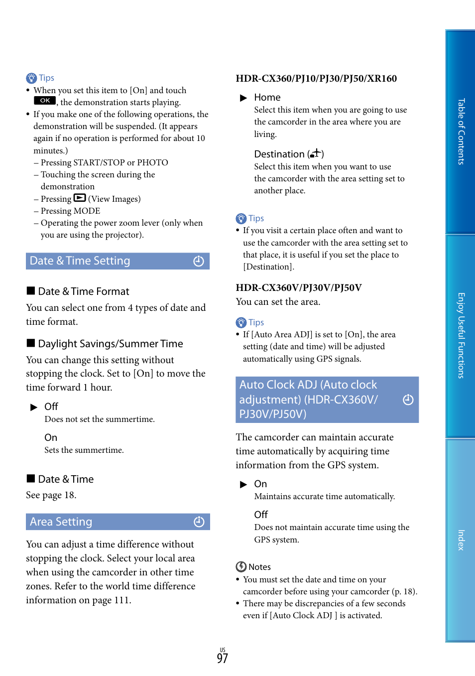Date & time setting, Area setting, Date & time format | Daylight savings/summer time, Date & time | Sony HDR-XR160 User Manual | Page 97 / 129
