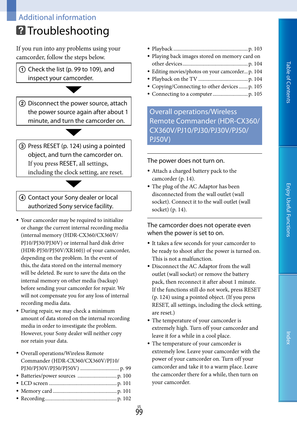 Additional information, Troubleshooting | Sony HDR-XR160 User Manual | Page 99 / 129