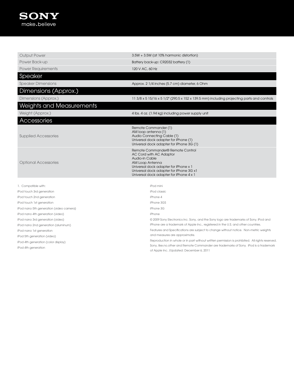 Speaker, Dimensions (approx.), Weights and measurements | Accessories | Sony ICF-CS10iPWHT User Manual | Page 2 / 2