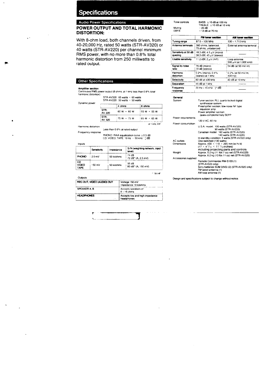 Specifications, Power output and total harmonic distortion | Sony STR-AV320 User Manual | Page 8 / 8