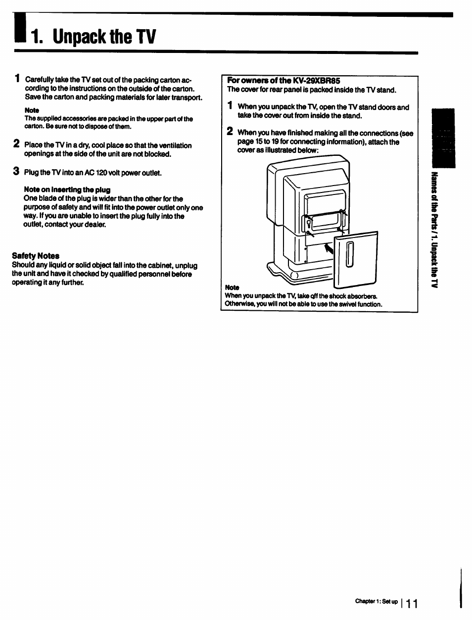 Safety notes, Unpack the tv | Sony KV-27XBR55 User Manual | Page 11 / 70