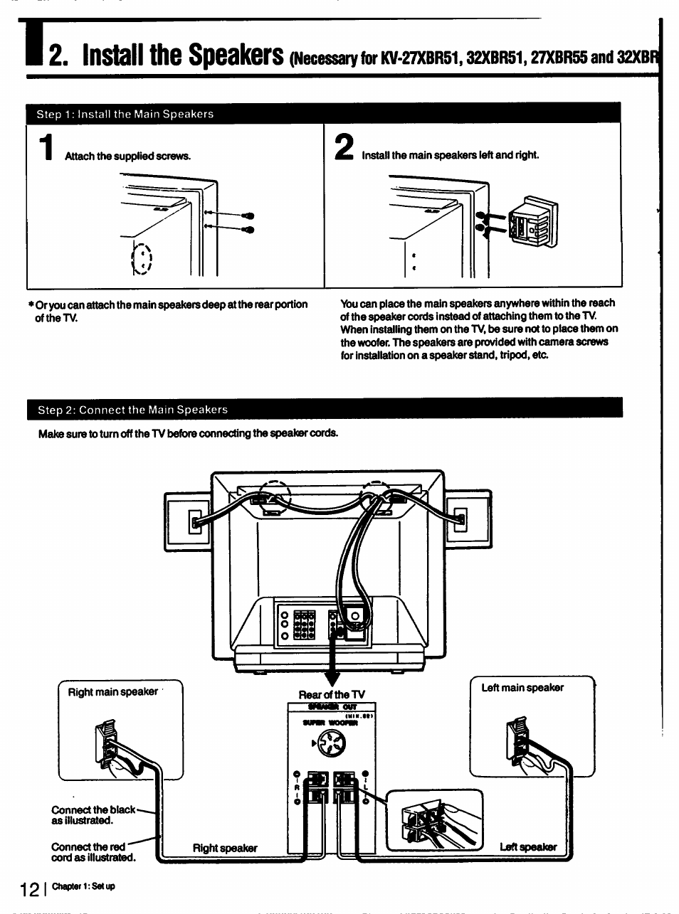 Install the speakers | Sony KV-27XBR55 User Manual | Page 12 / 70