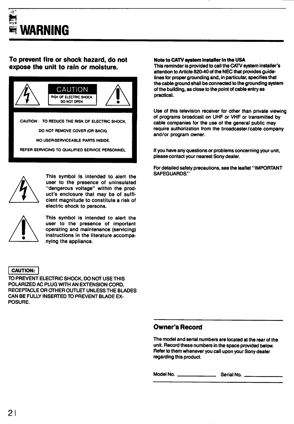 Warning, Caution | Sony KV-27XBR55 User Manual | Page 2 / 70