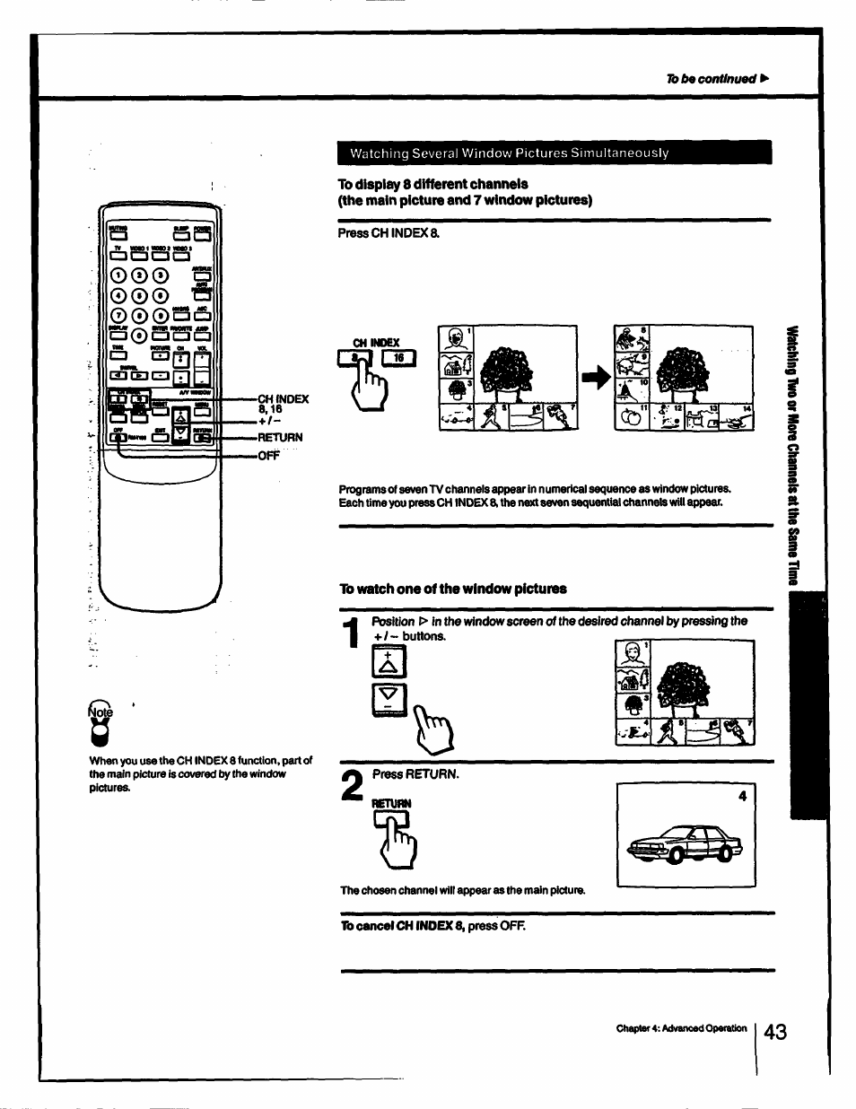 O©0 q, 0© ©©©□a, A©a'aa | To display 8 different channels, The main picture and 7 window pictures), To watch one of the window pictures | Sony KV-27XBR55 User Manual | Page 43 / 70