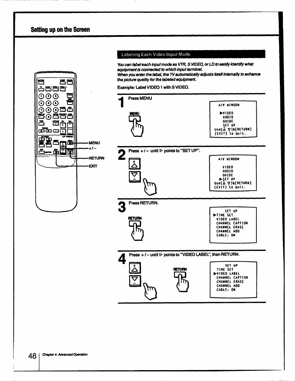 Setting up on the screen | Sony KV-27XBR55 User Manual | Page 48 / 70