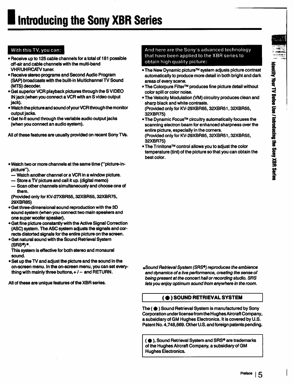 Introducing the sony xbr series | Sony KV-27XBR55 User Manual | Page 5 / 70