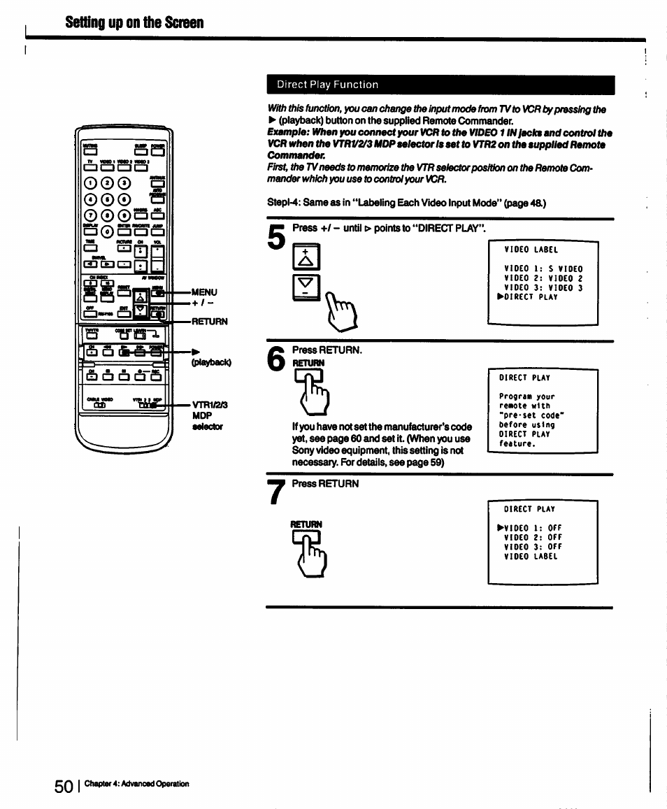 Setting up on the screen, O0© a | Sony KV-27XBR55 User Manual | Page 50 / 70