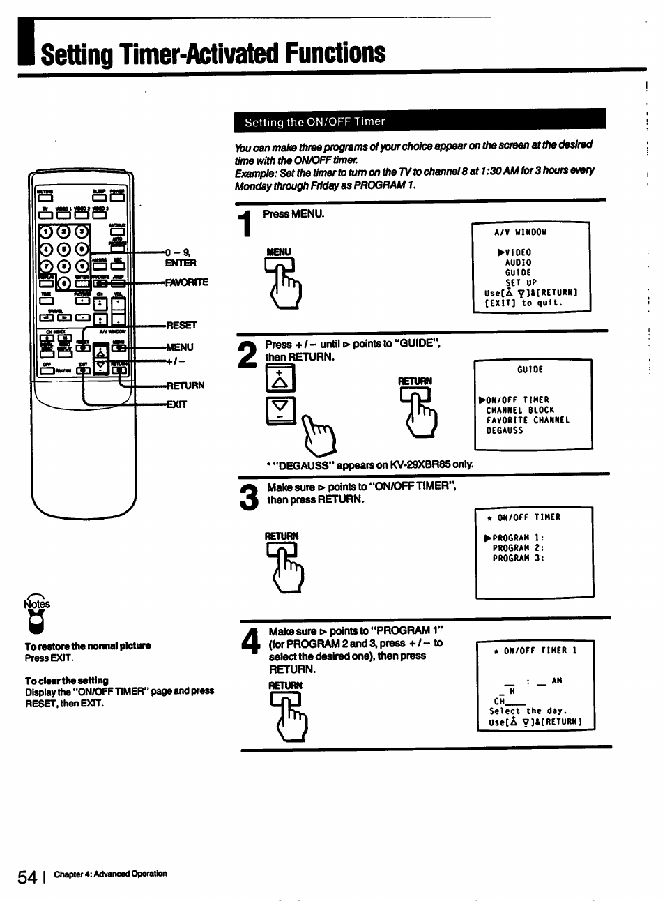 Setting timer-activated functions | Sony KV-27XBR55 User Manual | Page 54 / 70