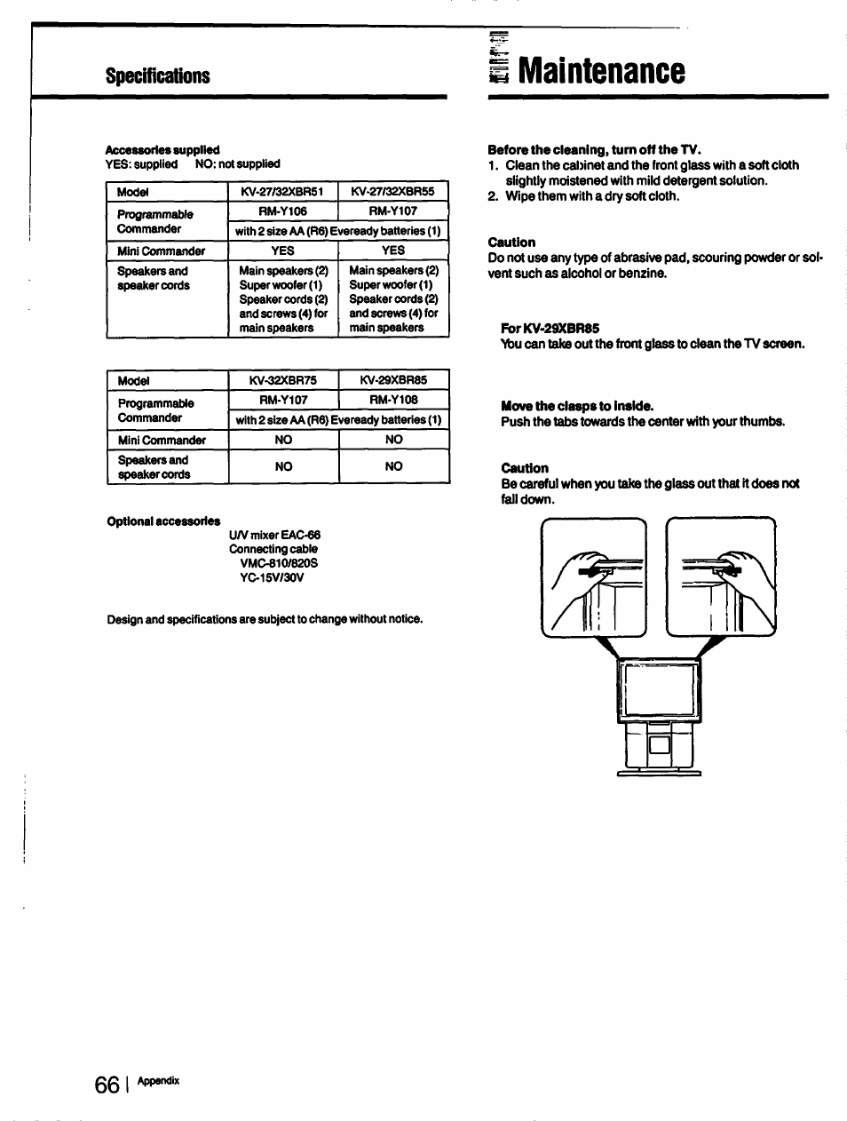 Specifications, Maintenance, 66 i | Sony KV-27XBR55 User Manual | Page 66 / 70