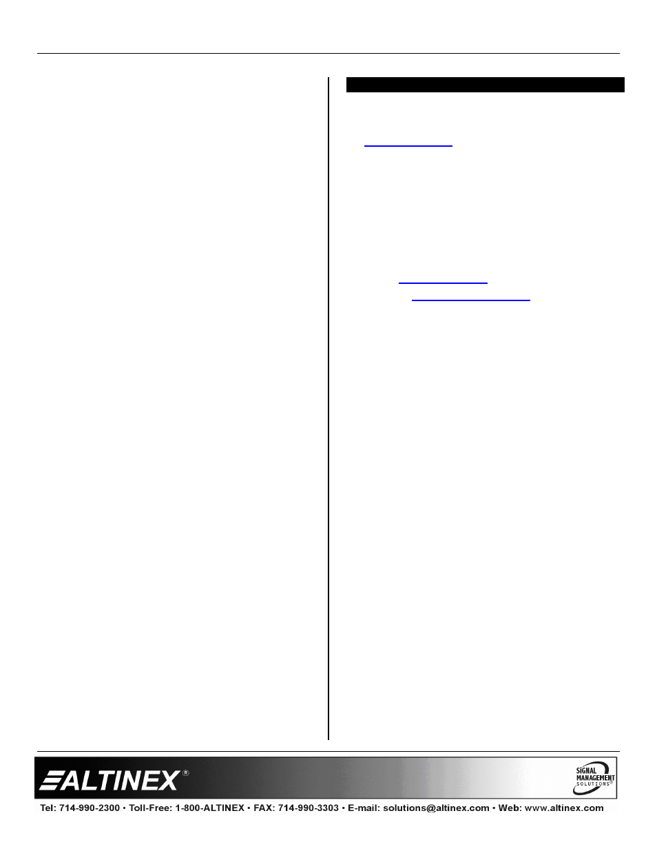 2 no sound, Altinex policies, 1 limited warranty/return policies | 2 contact information, Special application | Altinex Wall Mount Interface with Twisted Pair (TP) Output DS801-201 User Manual | Page 11 / 11