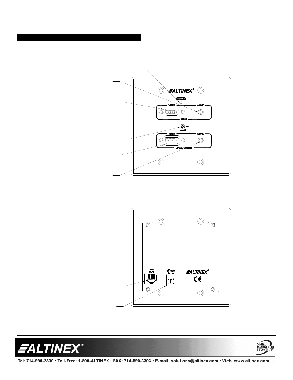 Description of ds801-201/202, Ds801-201 description, Special application | Back view front view | Altinex Wall Mount Interface with Twisted Pair (TP) Output DS801-201 User Manual | Page 6 / 11