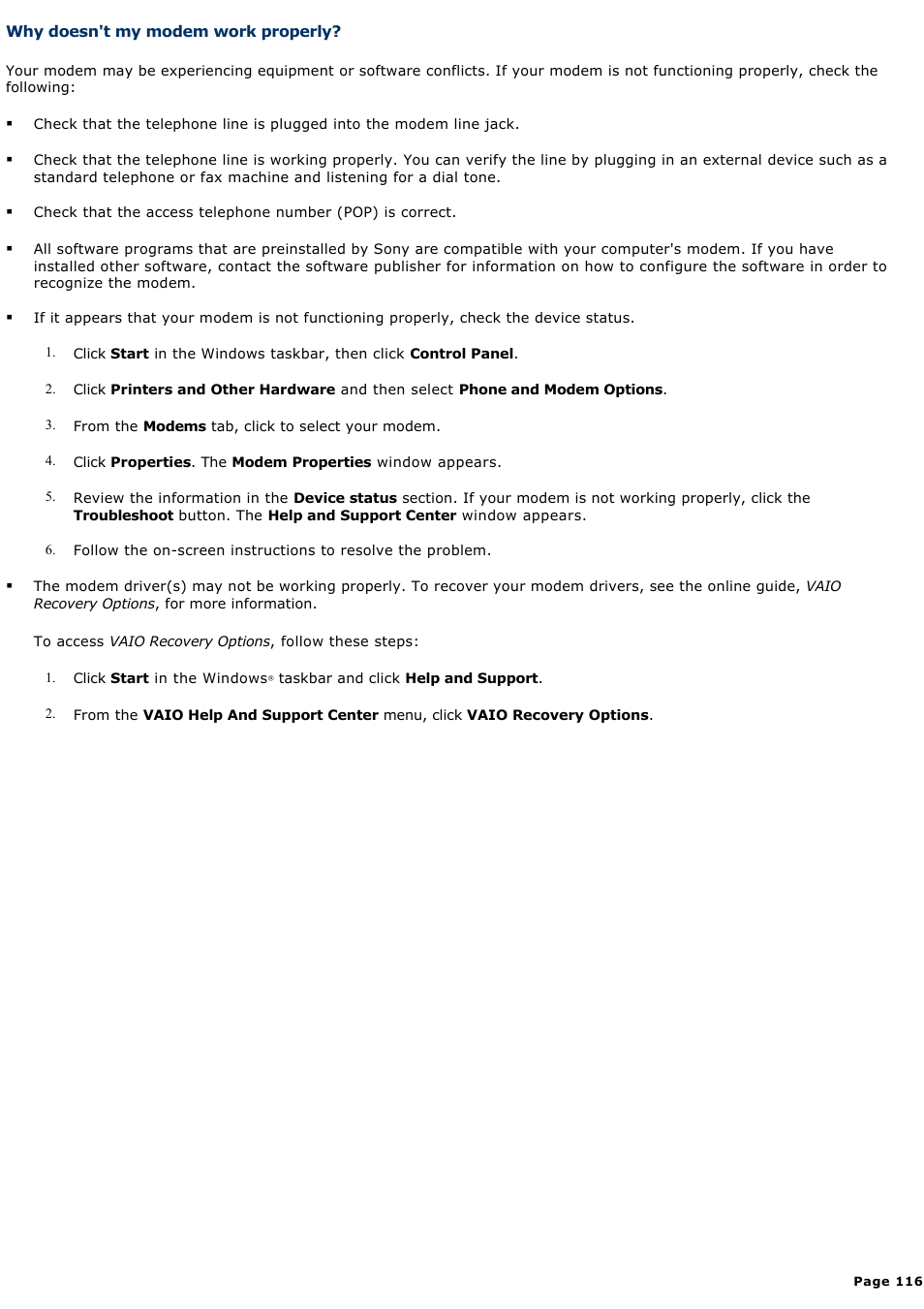 Why doesn't my modem work properly | Sony PCV-RS500CP User Manual | Page 116 / 143