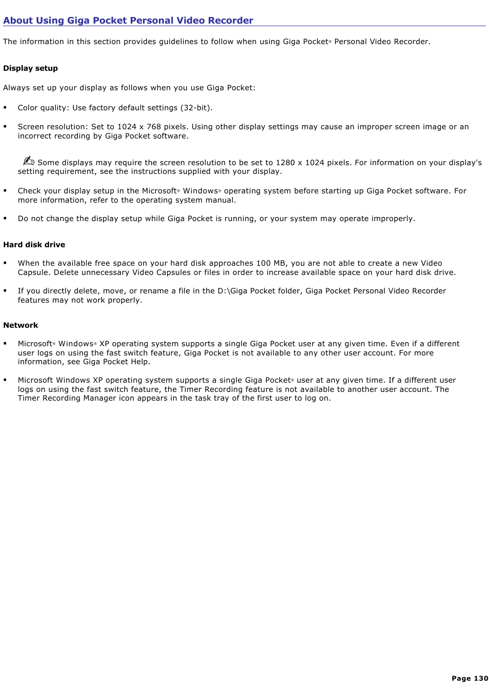 About using giga pocket personal video recorder | Sony PCV-RS500CP User Manual | Page 130 / 143