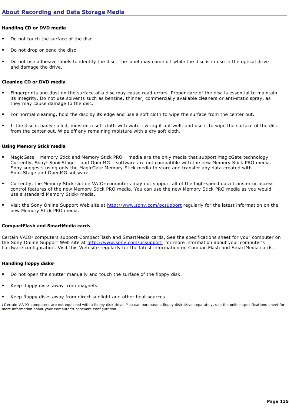 About recording and data storage media | Sony PCV-RS500CP User Manual | Page 135 / 143