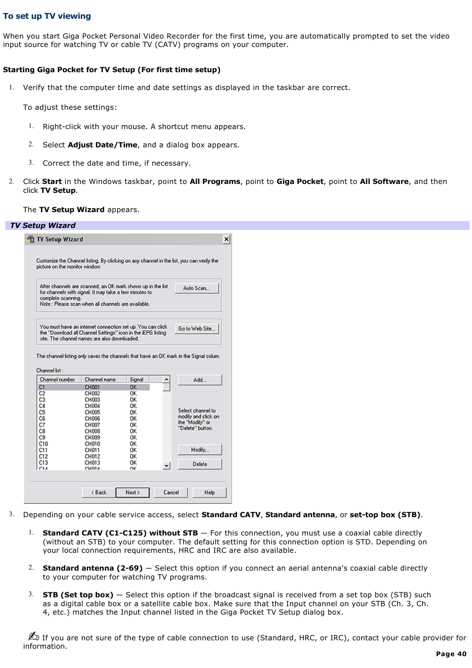 To set up tv viewing | Sony PCV-RS500CP User Manual | Page 40 / 143