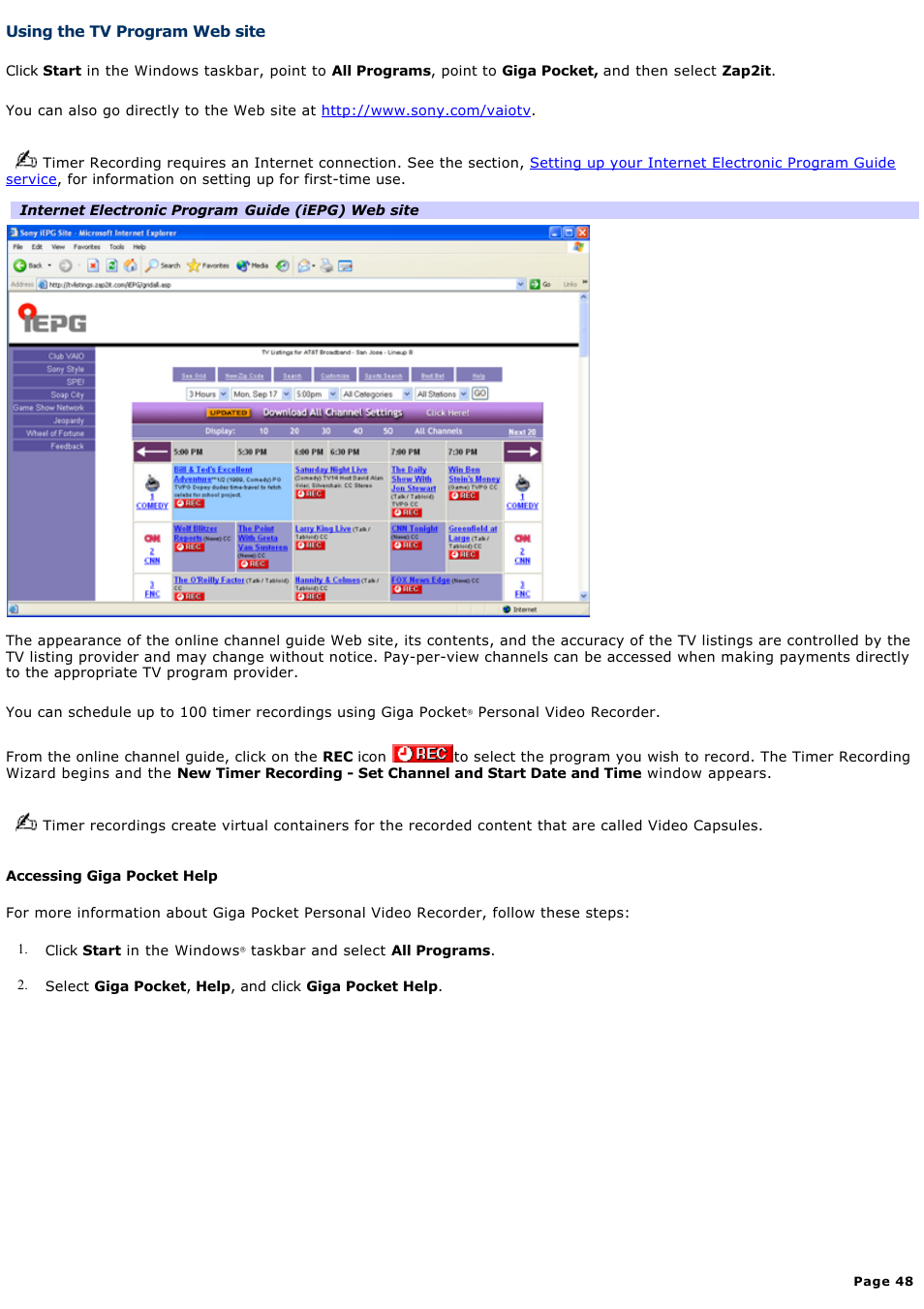 Using the tv program web site | Sony PCV-RS500CP User Manual | Page 48 / 143